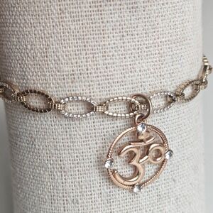 Rose Gold Om Charm Bracelet Crystal Accented Oval Link Spiritual Yoga Jewelry